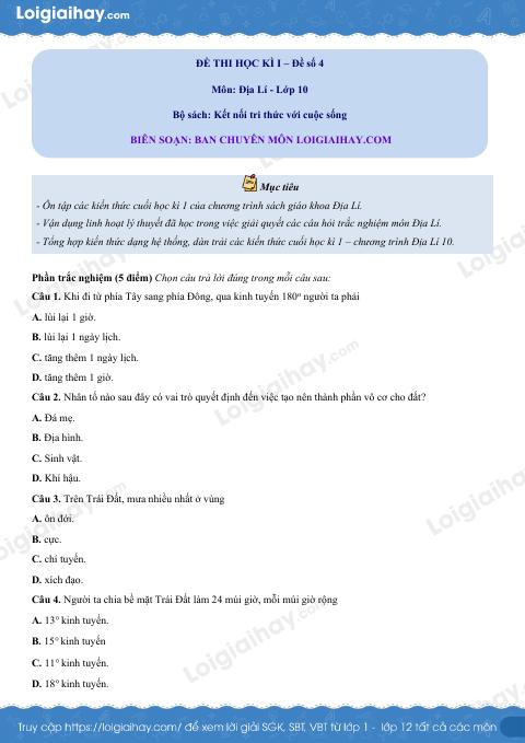Đề thi học kì 1 Địa lí 10 - Đề số 4